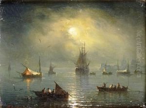 Bateau Dans La Rade Au Clair De Lune by Henriette Gudin