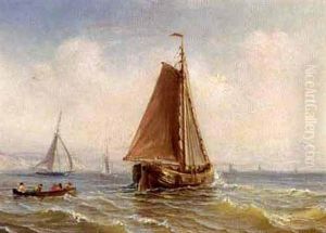 Sailing Vessels And A Rowing Boat Offshore