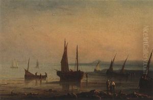 Fishermen By The Shore At Sunset by Henriette Gudin