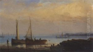Sailing Vessels At Low Tide by Henriette Gudin