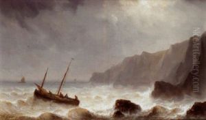 Fishing Boats Off The Rocks By Moonlight by Henriette Gudin