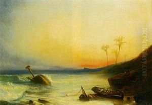 A Shipwreck Off A Coast At Sunset