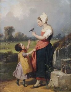 Mutter Und Kind Mit Einem Singvogel Vor Landschaftshintergrund by Oscar Gue