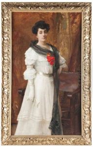 Portrait De Madame Pauline Garnier En Robe Blanche by Gaston Edouard Guedy