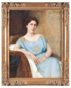 Portrait De Madame Garnier En Robe Bleu Et Au Collier De Perles by Gaston Edouard Guedy