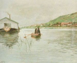 Flodlandskap Med Batar Och Figurer by Ferdinand Joseph Gueldry