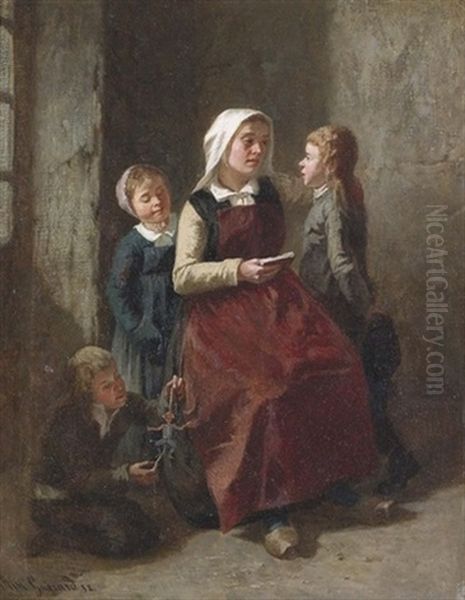 Familienidylle Mit Spielenden Kindern Und Lesender Mutter - view 1