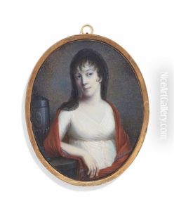 A Young Lady, In White Dress, Red Cashmere Shawl Draped Around Her Shoulders, Falling Black Lace Veil Over Her Dark Curling Hair, Her Right Arm Leaning On A Ledge With An Urn With The Initial S by Bernhard von Guerard