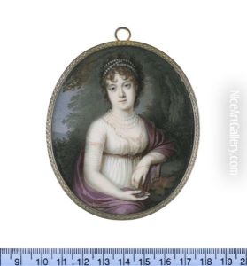 A Lady, Seated In A Landscape, Wearing White Dress With Red Embroidery To The Decollage And Sleeves, Red Belt Beneath Her Bust Line Fastened...