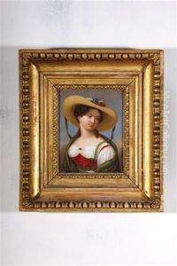 Portrait Of A Young Woman In Peasant Costume Wearing A White Blouse, Red Bonnet And A Straw Hat Decorated With Sealed Flowers