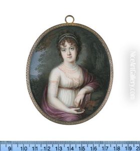A Lady, Seated In A Landscape, Wearing White Dress With Red Embroidery To The Decollage And Sleeves, Red Belt Beneath Her Bust Line Fastened With A Gold Jewel by Bernhard von Guerard