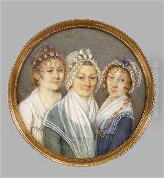 Une Mere En Robe Verte Et Fichu, Entouree De Ses Deux Filles - view 1