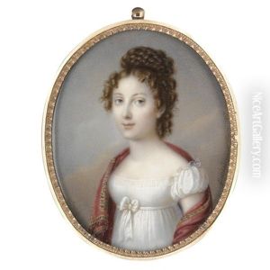 Portrait Of A Lady In A White Dress And A Red Cashmere Shawl Around Her Shoulders by Bernhard von Guerard