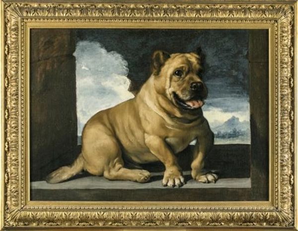 Portrait Of An Italian Cane Corso Seated Within A Stone Window Opening, A Mountainous Landscape Beyond - view 1