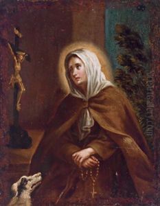 Die Heilige Margarita Von Cortona Mit Ihrem Attribut, Einem Hund, Vor Dem Kruzifix