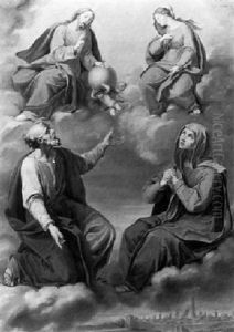 Christ And The Virgin In Majesty With Two Intercessors (saints Joseph And Elizabeth?) In The Clouds Above Bologna