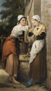 Zwei Madchen Am Ziehbrunnen by Paul-Felix Guerie