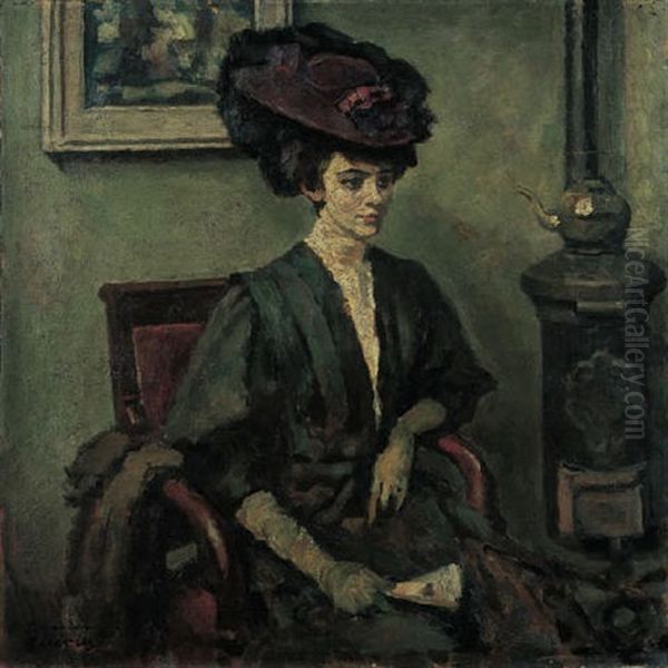 Portrait Of A Lady Wearing A Green Dress And A Hat - view 1