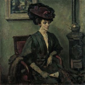 Portrait Of A Lady Wearing A Green Dress And A Hat by Charles Francois Prosper Guerin