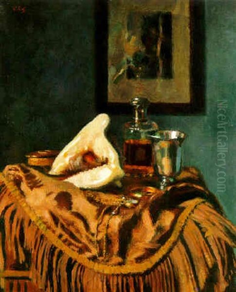 A Still Life With Conch Shell And Jewelry On A Skirted Tablecloth - view 1