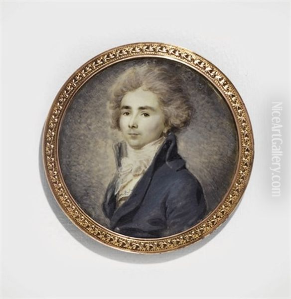 A Young Gentleman, In Blue-green Coat, Embroidered Waistcoat, White Knotted Cravat, Powdered Hair - view 1
