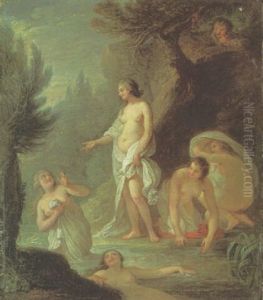 Nymphs Bathing In A Wooded Landscape, A Man Looking On by Francois Guerin