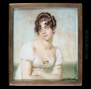 Portrait De Jeune Femme En Buste Les Bras Croises, En Robe Blanche, Au Decolte Une Pensee by Jean Urbain Guerin