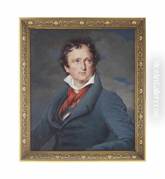 A Young Gentleman, In Blue Coat And Waistcoat, White Shirt, Red Scarf Knotted Around His Neck, Curling Receding Dark Hair; Stormy Sky Background - view 1