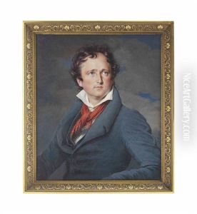 A Young Gentleman, In Blue Coat And Waistcoat, White Shirt, Red Scarf Knotted Around His Neck, Curling Receding Dark Hair; Stormy Sky Background