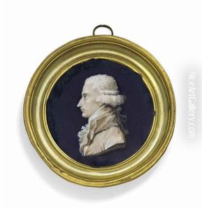 George-frederic Bapst, En Buste, In Profile To The Left, In Coat, Waistcoat And Frilled Cravat, Powdered Hair En Queue, Painted In Brown Camaieu Heightened With White On A Dark-blue Ground George-frederic Bapst, En Buste, In Profile To The Left, In Coat, Waistcoat And Frilled Cravat, Powdered Hair En Queue, Painted In Brown Camaieu Heightened With White On A Dark-blue Ground