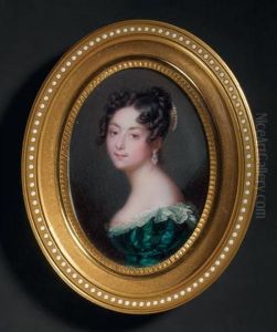 Portrait De Jeune Femme Brune En Buste, Vetue D'une Robe De Satin Vert Largement Decolletee Et Bordee De Dentelle