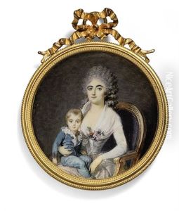 A Young Lady, In White Dress With Flowers, Seated In A Chair With A Young Boy In Blue Suit On Her Lap