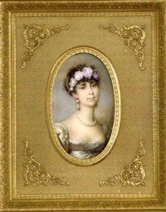 Empress Josephine, In White Silk Dress With Fichu, Pearl Necklace And Drop Pearl Earrings, Pearl-set Gold Comb And Pink Roses And Foliage In Her Upswept Dark Curling Hair