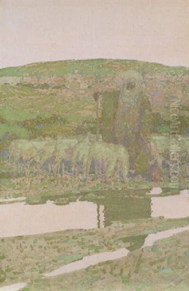 Shepherd With Flock Of Sheep - view 1