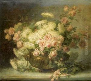 Nature Morte Au Bouquet De Fleurs Dans Un Vase En Cuivre Sur Un Entablement by Therese Guerin
