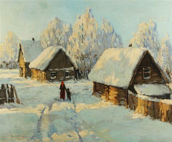 Mere Et Enfant Dans Le Village Enneige - view 1