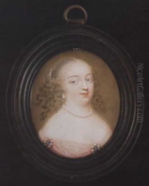 Marguerite Louise D'orleans Wearing Low-cut Pink Dress With Pearl-bordered Jewels At Her Sleeve And Corsage, Pearl Necklace And Drop-pearl Earring, Her Hair Centre-parted And With Ringlets - view 1