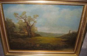 Landscape With Cottage And Distant Windmill by Charles Baker