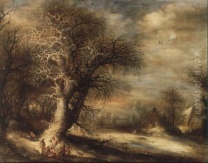 Peasants And Travellers Resting By An Open Fire In A Winter Landscape Peasants And Travellers Resting By An Open Fire In A Winter Landscape
