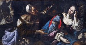 Une Vieille Femme Au Rouet En Conversation Avec Une Jeune Femme by Giovanni Francesco Guerrieri