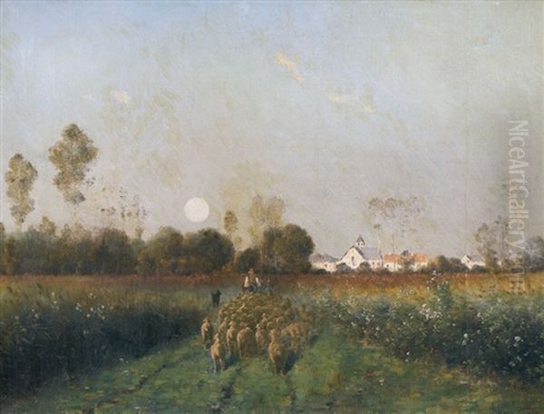 Wiesenlandschaft Mit Schafhirt Und Herde - view 1