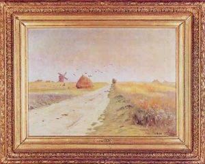 Champ De Ble, Meules De Foin, Berger Et Ses Moutons, Et Moulin En Champagne by Armand Guery