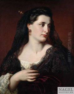 Bildnis Einer Dame In Rotem Samtkleid Mit Spitzenbesatz Und Schwarzem Schleier by Carl Adolf Gugel