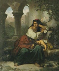 Junge Italienerin Mit Kind Vor Gotischen Ruinen by Carl Adolf Gugel
