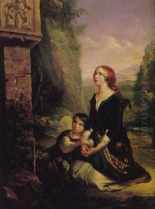 Vor Einem Marterl Am Wegrain Kniet Eine Junge Mutter Mit Kind by Carl Adolf Gugel