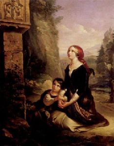 Junge Lautenspielerin Mit Ihrem Kind Vor Einem Marterl by Carl Adolf Gugel