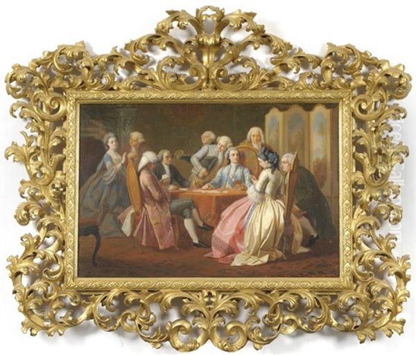 Interior Scene With Elegantly Dressed Ladies And Gentlemen Playing Cards - view 1