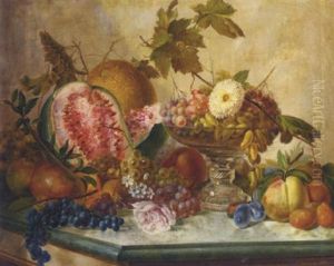 Grapes And Dates In A Glass Tazza, With Melons, Apples, Plums, Pears And Apricots On A Marble-topped Table by Gennaro Guglielmi