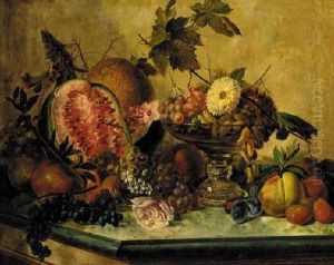 Grapes In A Glass Tazza With Melons, Apples, Plums, Pears And Apricots On A Marble Topped Table by Gennaro Guglielmi