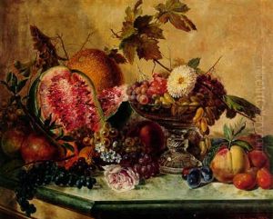 A Still Life With Fruit, Flowers And A Glass Bowl On A Green Marble Tabletop